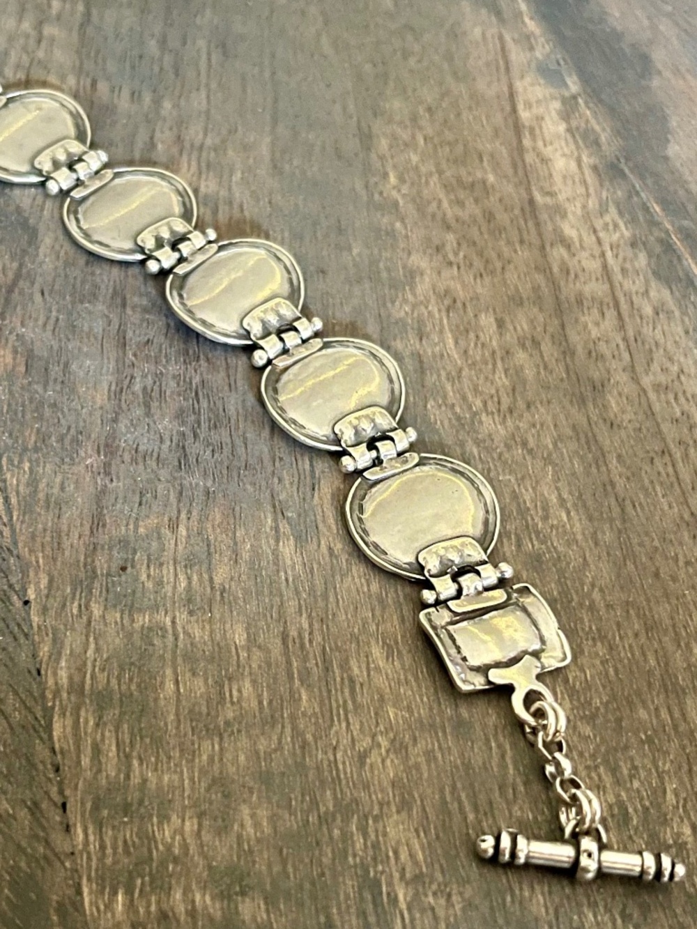 Vintage Modernist 925 Sterling Silver Disc Link Bracelet w/Toggle Clasp Mexican